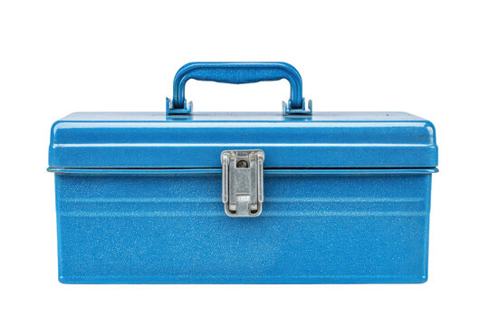 Vintage blue metal toolbox with handle and latch, cut out