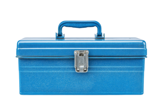 Vintage blue metal toolbox with handle and latch, cut out