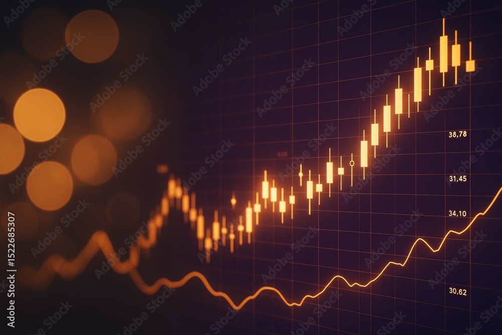 Poster Glowing financial candlestick chart with rising trend line and bokeh lights on dark background illustrating business growth concept.