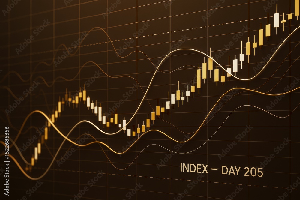 Aufkleber Abstract financial stock chart with glowing lines and candlestick index data on dark background representing business analytics concept.