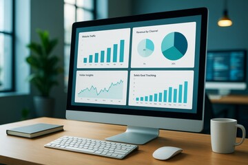 Business analytics dashboard displayed on modern desktop computer in office with light and abstract background elements on wooden desk surface.