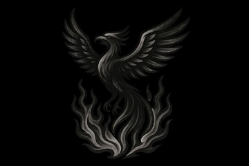 Obraz premium Black and white bird drawing engulfed in flames, isolated on transparent background.