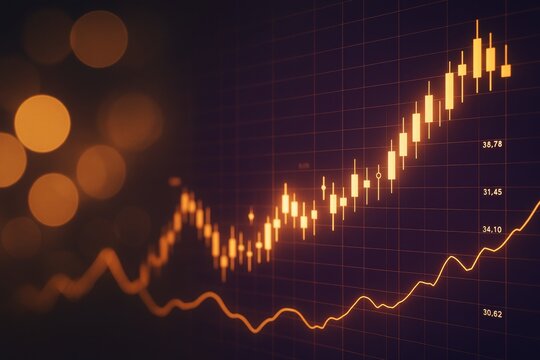 Glowing financial candlestick chart with rising trend line and bokeh lights on dark background illustrating business growth concept.