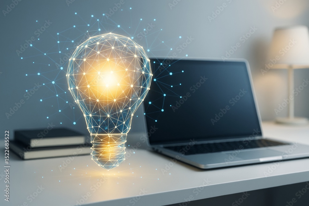 Poster glowing abstract light bulb formed by connected nodes near laptop on desk in modern office backgroun