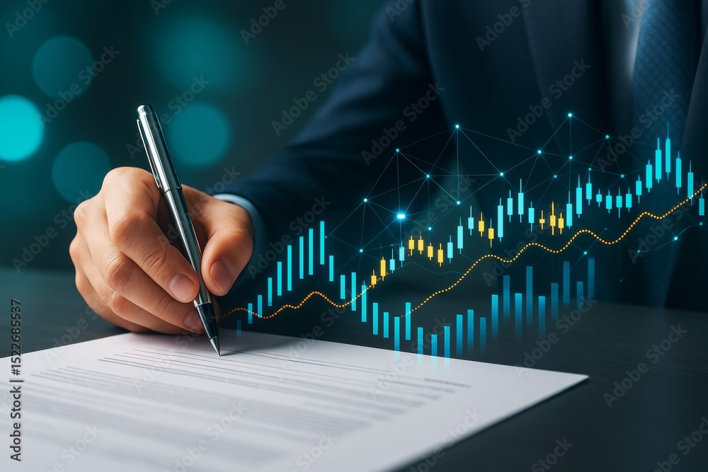 Poster businessman signing financial document with abstract stock market chart and glowing graph on dark ba