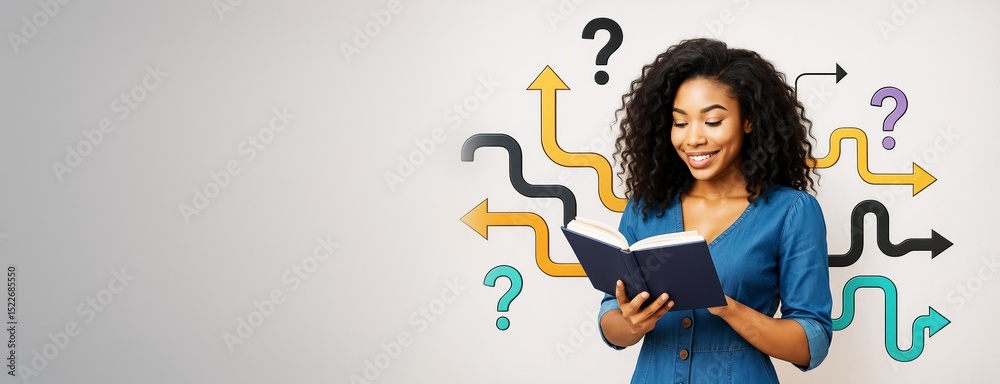 Aufkleber woman reading book with question marks and arrows behind her on light background, symbolizing decisi