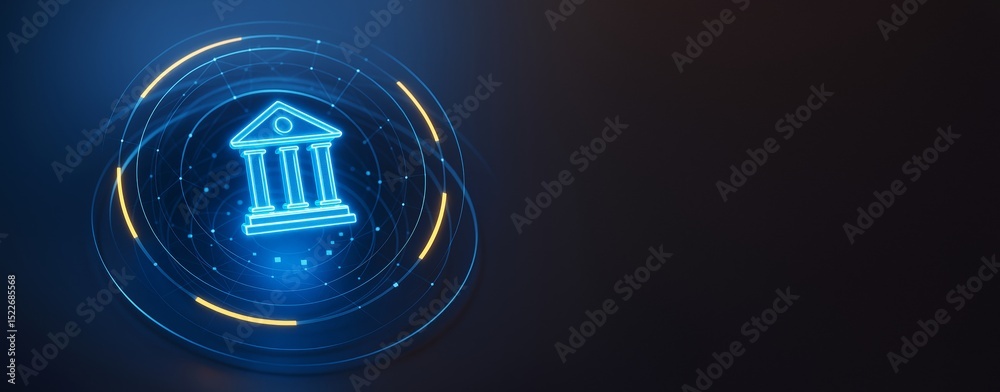 Poster Digital banking icon with futuristic glowing blue lines on abstract dark background with copyspace for business design or promotion template use.