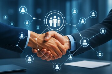 Business handshake with digital network icons symbolizing partnership and teamwork on a futuristic office background. Ai generative.