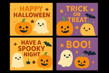 Set of Halloween printable designs featuring a grinning jack-o'-lantern, spooky ghost, witch's hat, and black cat. Isolated on transparent background.