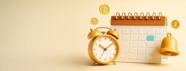 Deadline reminder concept with clock, calendar, coins and bell on light background for business time management and financial planning template.
