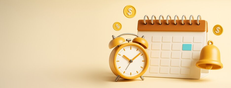 Deadline reminder concept with clock, calendar, coins and bell on light background for business time management and financial planning template.