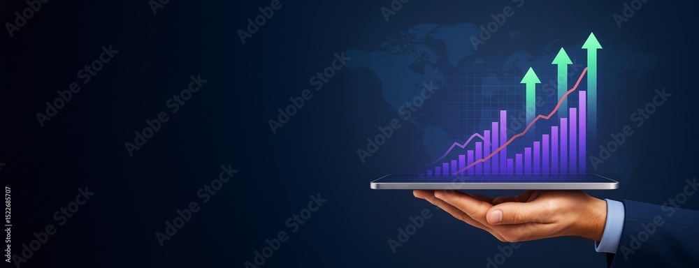 Aufkleber businessman hand holding tablet with glowing bar chart and upward arrows symbolizing business growth