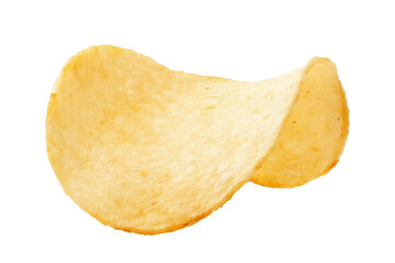 Close-up of a single potato chip on black background, cut out