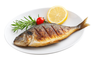 Grilled fish with lemon slice, rosemary, and cherry tomato on white plate, cut out