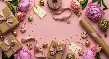 Birthday & Celebration Gift Box Backgrounds Gift Box Flat Lay with Flowers & Decorations on Various Backgrounds