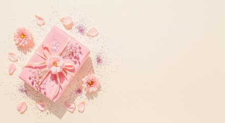 Birthday & Celebration Gift Box Backgrounds Gift Box Flat Lay with Flowers & Decorations on Various Backgrounds