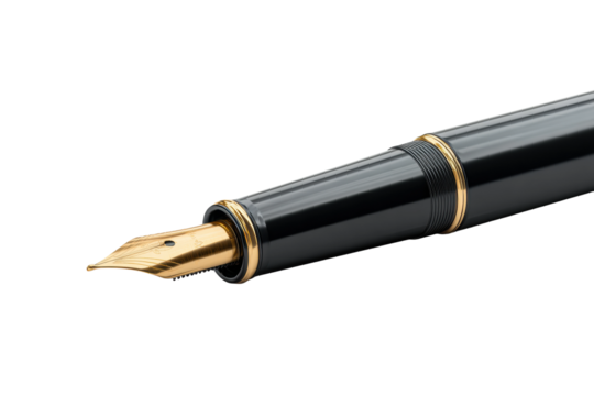 Elegant black fountain pen with gold nib and detailed engraving, cut out