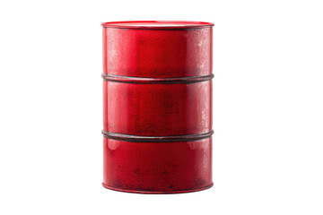 Red metal barrel isolated on white background with rustic texture, cut out