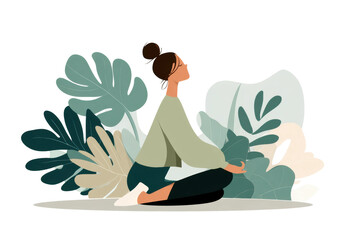 Female practicing yoga in nature with leafy plants illustration, cut out