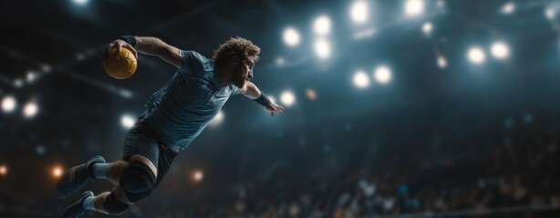 Male handball player jumping mid-air with yellow ball during dramatic stadium action moment. Concept of flight, precision, athleticism, handball power, and dynamic energy in play.