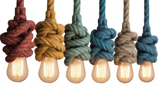 Six hanging light bulbs are wrapped with colorful rope in a unique and stylish design, perfect for adding a touch of creativity to any space, on transparent background