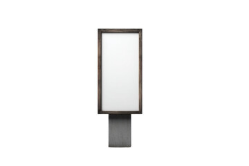 Minimalist rectangular wooden frame with concrete base against black background, cut out