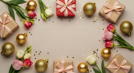 Birthday & Celebration Gift Box Backgrounds Gift Box Flat Lay with Flowers & Decorations on Various Backgrounds