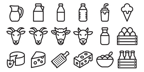 A collection of dairy products and farm animals in clean outline illustration