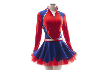 Red and blue cheerleading uniform with flared skirt on mannequin, cut out