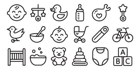 Adorable baby items and accessories collection icon set in clean line art style