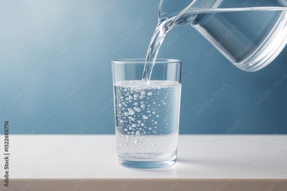 Aufkleber Sparkling water being poured into a clear glass from a pitcher on a light surface with a soft blue abstract background. Ai generative.