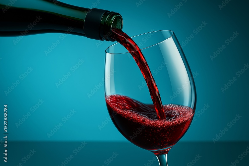 Aufkleber red wine being poured into a clear glass with dynamic splash and bubbles, isolated on a blue backgro