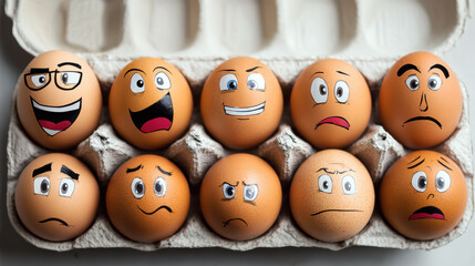 Chicken eggs with hand-drawn faces in cardboard tray representing emotions like sadness and joy