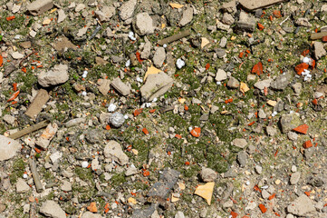 Construction waste close up. Broken bricks, demolition debris, and destruction fragments and rubbish