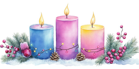 Candles, clipart, candles in pastel colors, winter theme, Christmas lights and berries around the edge of a white background