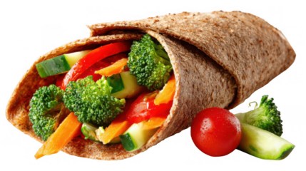 Whole wheat tortilla wrap filled with fresh broccoli florets. Sliced carrots. Cucumber. Red bell pepper. And tomatoes. Creating a healthy and vibrant lunch or snack option on a transparent background