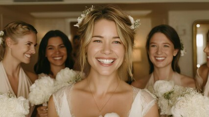 Beautiful Bride Smiling with Bridesmaids Holding Bouquets, Getting Ready for Wedding Ceremony, Natural Light, Joyful Celebration - Powered by Adobe