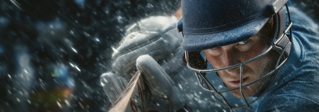 Focused cricketer in blue helmet and gloves swinging bat under heavy rain during match moment. Concept of sport, resilience, motion, weather, and unwavering concentration. - Powered by Adobe