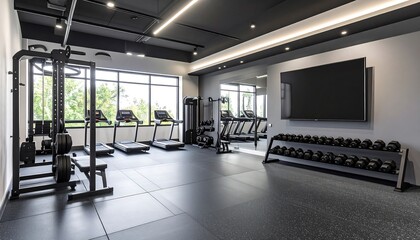 Modern gym interior with large windows