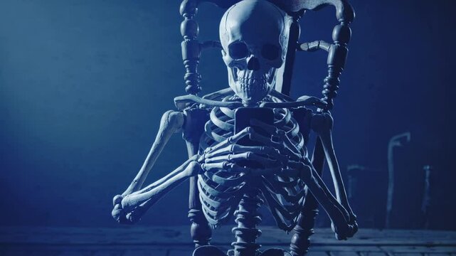 Skeleton sitting in a dark wooden chair, staring at a smartphone in the dark, a dramatic low-light scene. Tech addiction, social media dependency, passive waiting, and lost time