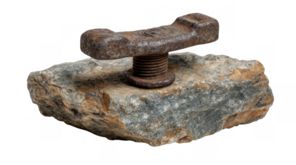 Rusty iron cleat fixed with a rusty bolt in a rough, rocky masonry piece, isolated on a transparent background, perfect for construction or industrial projects