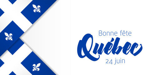 Happy Quebec Day, June 24, postcard design in French. Creative 3D graphic frame with flag of Quebec elements, copy space concept. Invitation template. Blank of greeting card or gift card with envelope