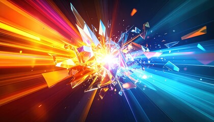 Splintered crystal exploding from light beams, orange vs. blue