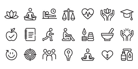 Collection of line art icons representing wellness health mindfulness and self care