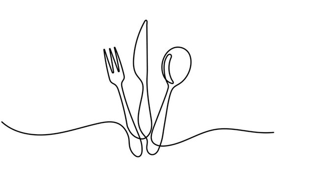 One line drawing animation of cutlery &ndash; knife and fork in continuous single line style. Minimalistic restaurant logo animation. Clean linear motion, perfect for food or dining branding.