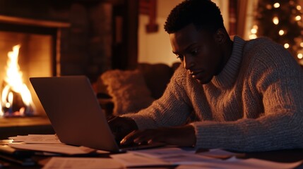 Man working on laptop in cozy room by fireplace during evening hours surrounded by paperwork