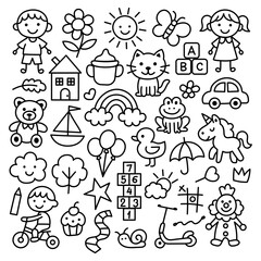 Cute kids elements, preschool kindergarten doodle set. Hand drawn vector illustrations isolated on a white background.