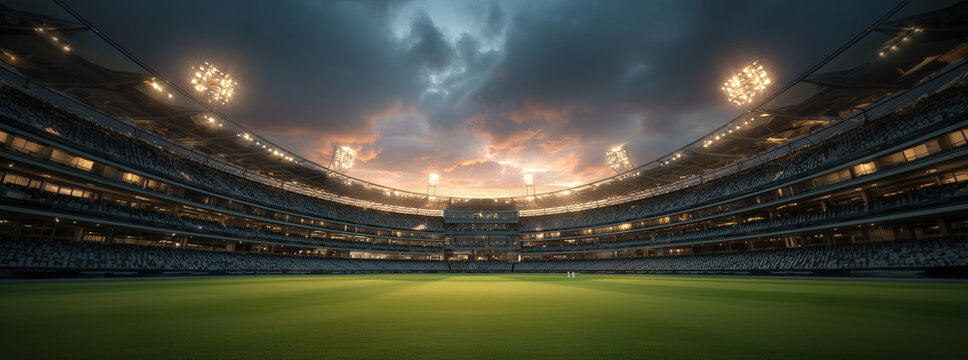 Wide-angle shot of cricket arena with sunset lighting and green field before game begins. Panoramic view. Concept of preparation, sport events, and atmosphere before action.