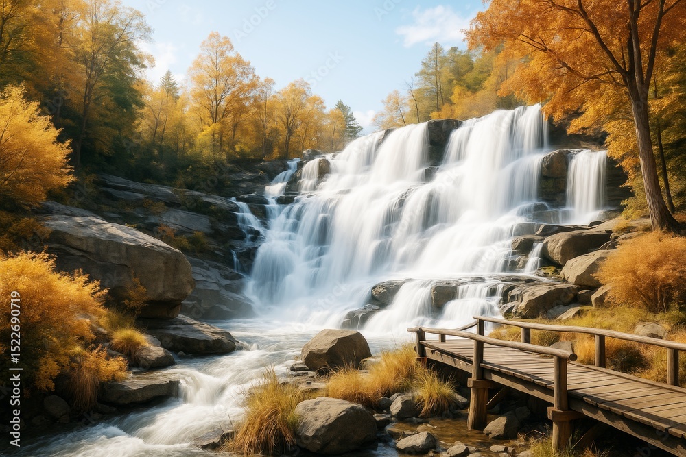 Poster majestic waterfall cascading through autumn forest with wooden bridge under soft daylight in serene 