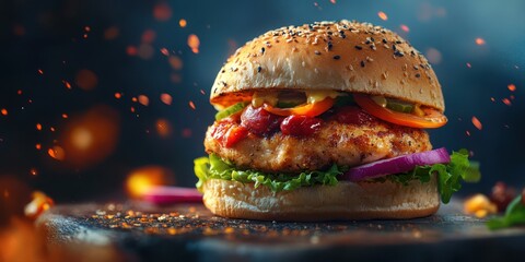 Juicy hamburger with fresh ingredients garnished on a wooden table against a dark background